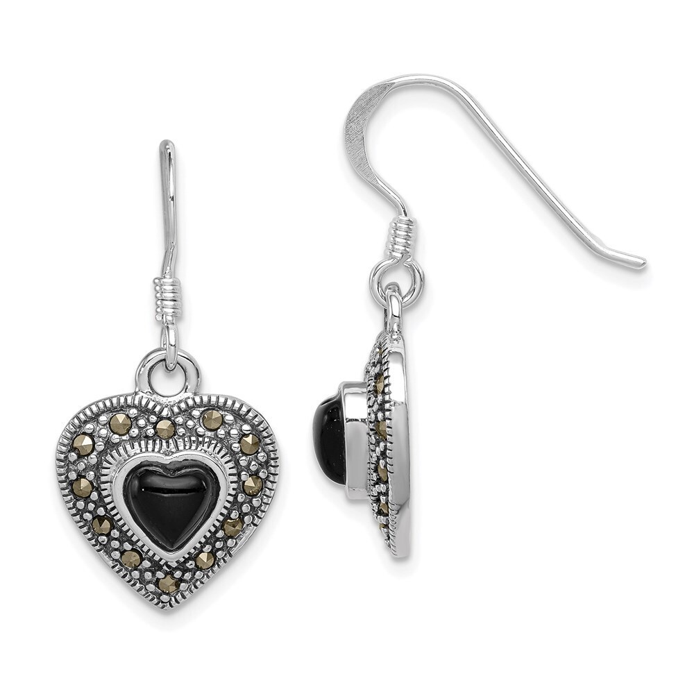 925 Sterling Silver Rh-Plated Antiqued Onyx Marcasite Heart Dangle Earrings 168$